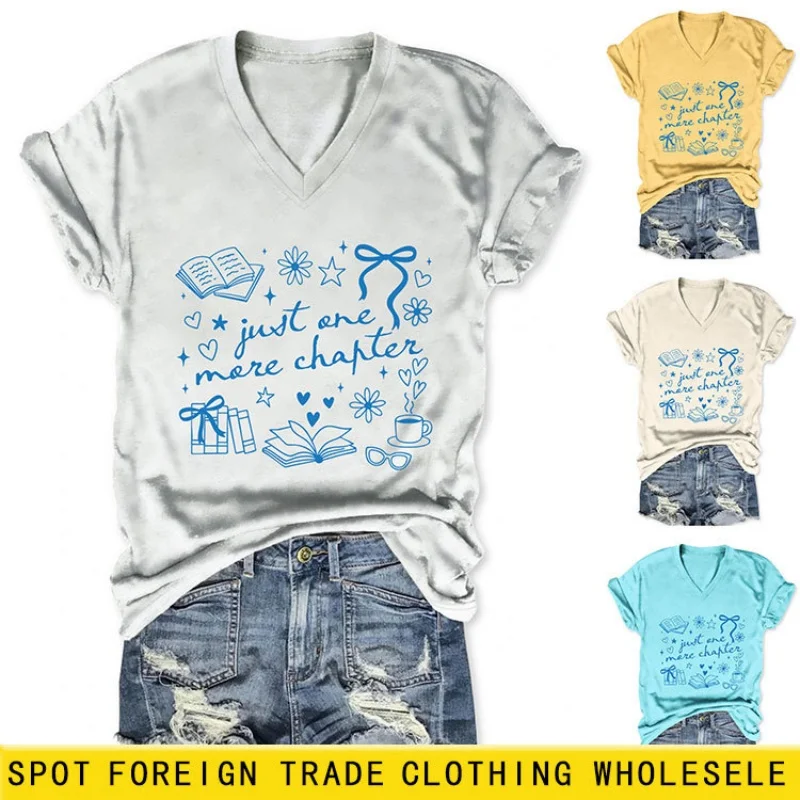 

Fashionable V-neck stylish printed casual short-sleeved t-shirt for women, summer style, loose fit