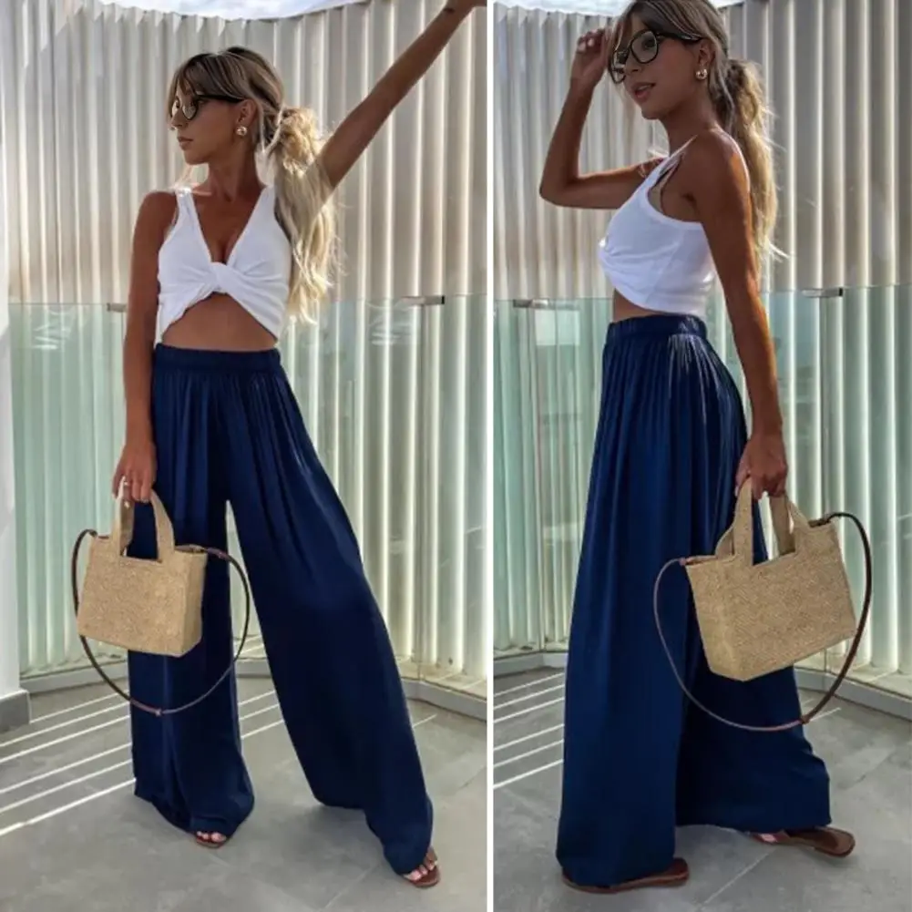 

Loose Leg Women Trousers Sporty Loose Fit Women's Wide Leg Pants Mid-rise Elastic Waist Solid Color Trousers for Summer Floor