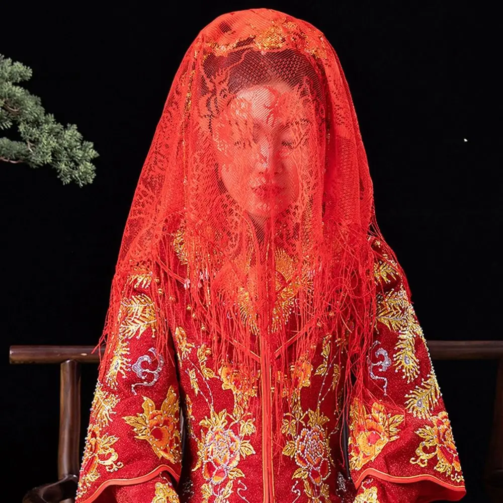 フェニックスウェディングアクセサリー 刺繍入り古代風タッセル付き赤いベール ブライダルヘッドウェア 中国風ウェディングヘッドウェア レースベール 花嫁ベール