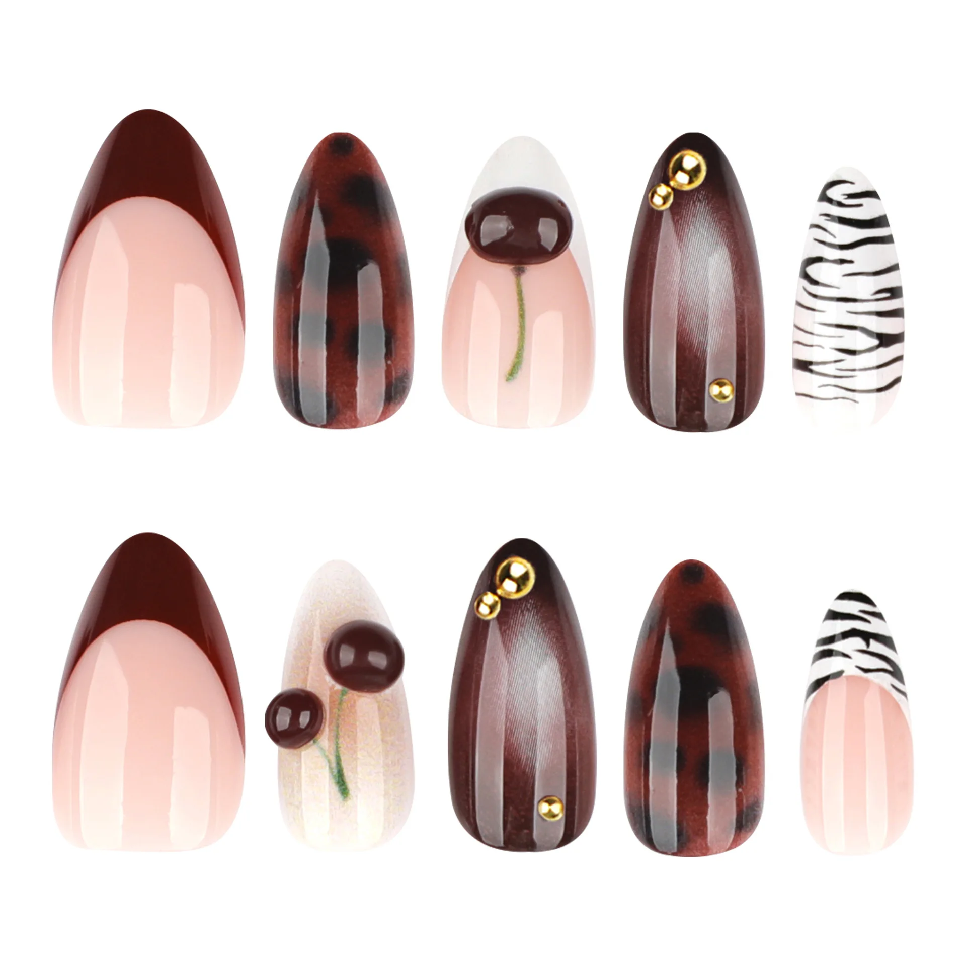 24PCS Burgundy Nude Brown Press on Nails Almond Shape 3D Cherry Animal Print Gold Bead False Nails Sweet Wild Y2K Style Nail Art