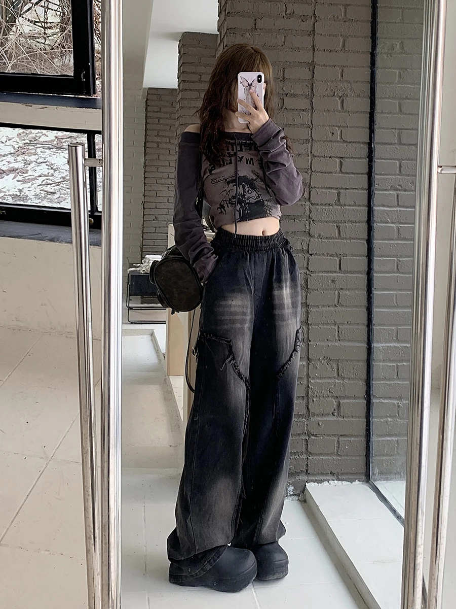 RORORIRI Patchwork Raw Edge Women Baggy Jeans Retro Black Whiskers Elastic Waist Wide Leg Casual Pants Hiphop Grunge Streetwear