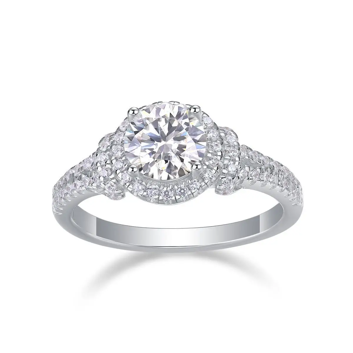 

Four-Prong Halo Double Shank Design S925 Silver 1ct D Color VVS1 Moissanite Band Full Paved Sparkling Engagement Wedding Anniver