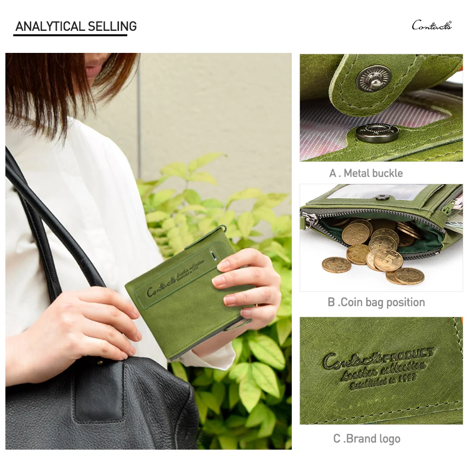 CONTACT'S Damen-Geldbörse aus Echtleder, zweifach faltbar, im Vintage-Stil, mit Münzfach und Kartenfächern – Detail 8