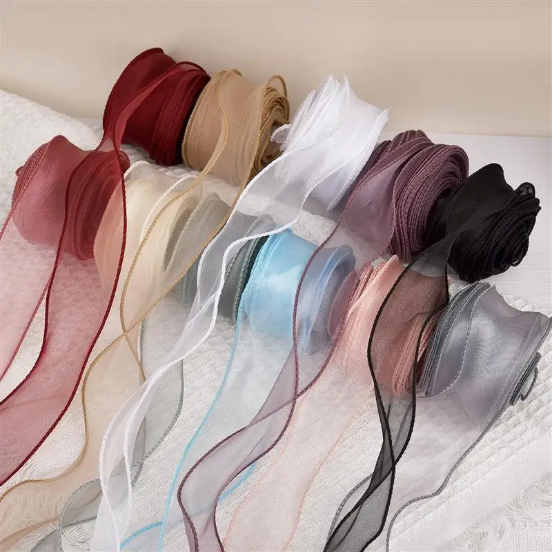 2.2M/10M Gulungan Pita Organza Warna Solid Pita Ekor Ikan Tepi Bergelombang untuk Buket Bunga Hadiah Kemasan Dekorasi Pesta Pernikahan