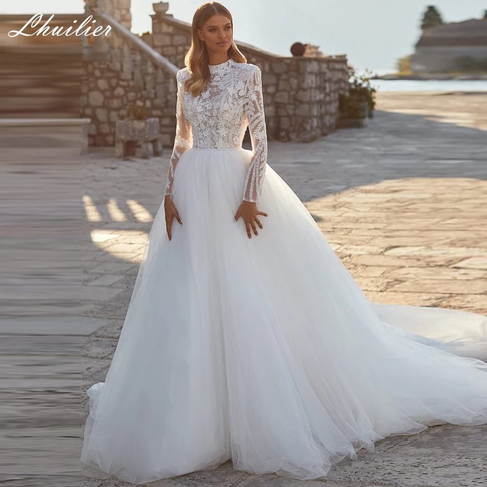 

Lhuilier Customized A Line O Neck Tulle Wedding Dresses Full Sleeves Lace Bridal Gowns with Court Train