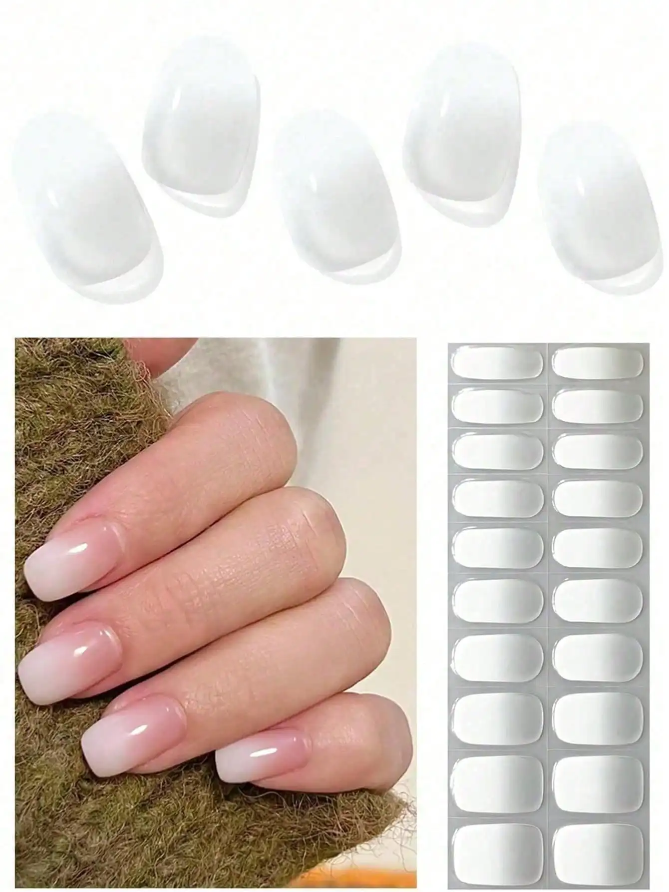 

20pcs Milk Jelly White Semi-Cured Gel Nail Stickers, Fashionable Color, Long-Lasting Full Coverage Gel Nail Sticker