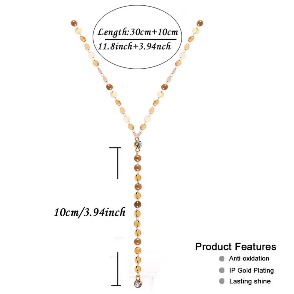 Stainless Steel Sexy Multilayer Sequins Chain Tassel Crystal Pendant Necklace For Woman Y Shape Disc Choker Necklace