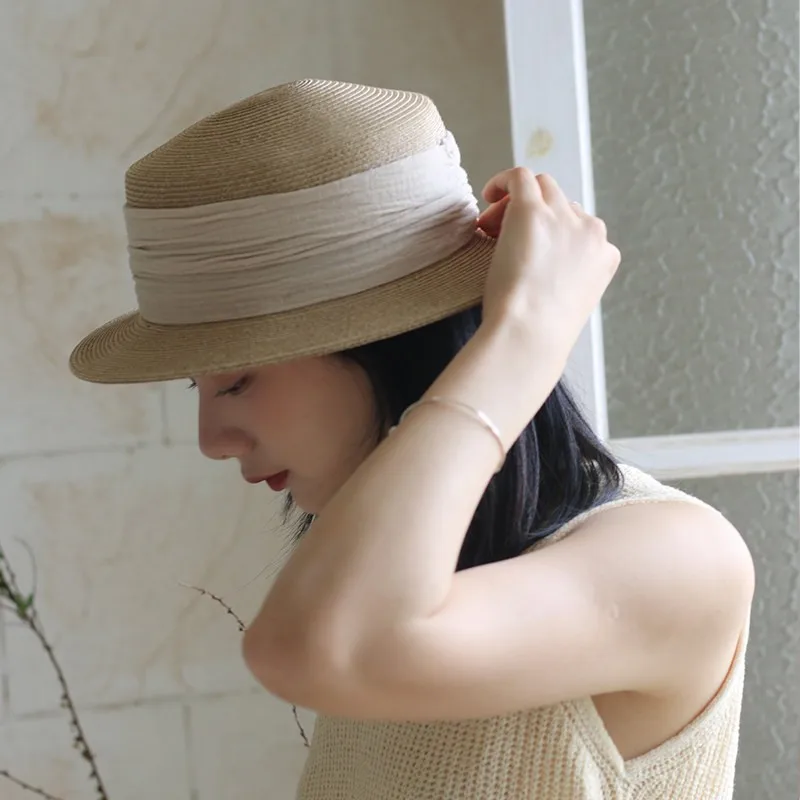 French Straw Sun Hat for Women Summer Flat Top Wide Brim Hat Splicing Design Outdoor Travel Sun Protection Dress Hat Beach Cap