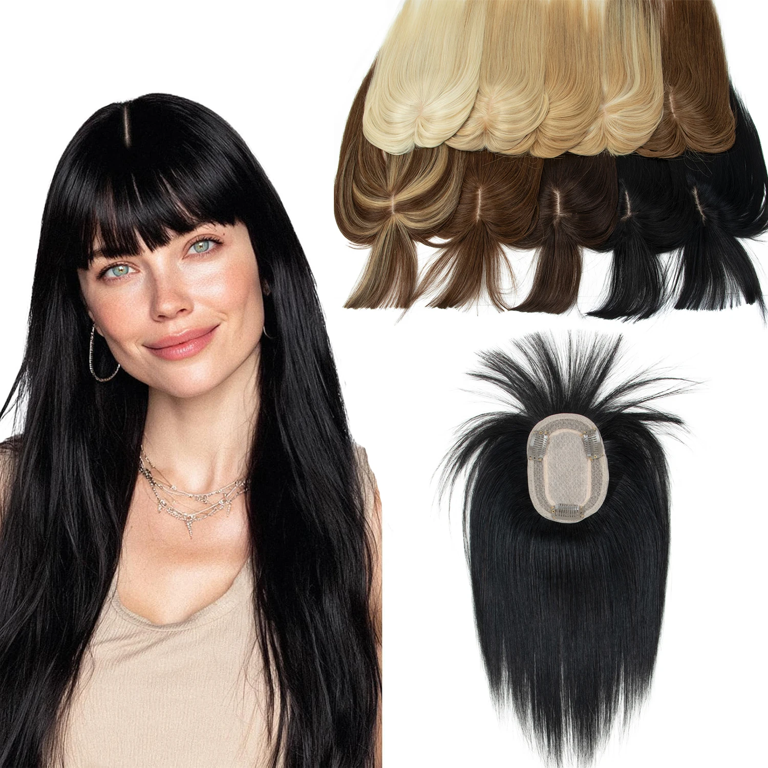 BOYMIA Hair Toppers for Women Real Human Hair Topper with Bangs Thinning Thin 8 * 12CM Base Clip in Remy Hairpieces Hand-Tied
