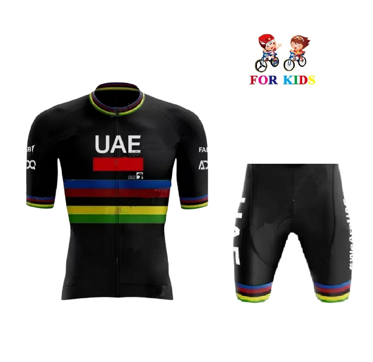 KID'S 2024 UAE TEAM BLACK WORLD CHAMPION Children Cycling Jersey Short Sleeve Bicycle Clothing With Shorts Ropa Ciclismo