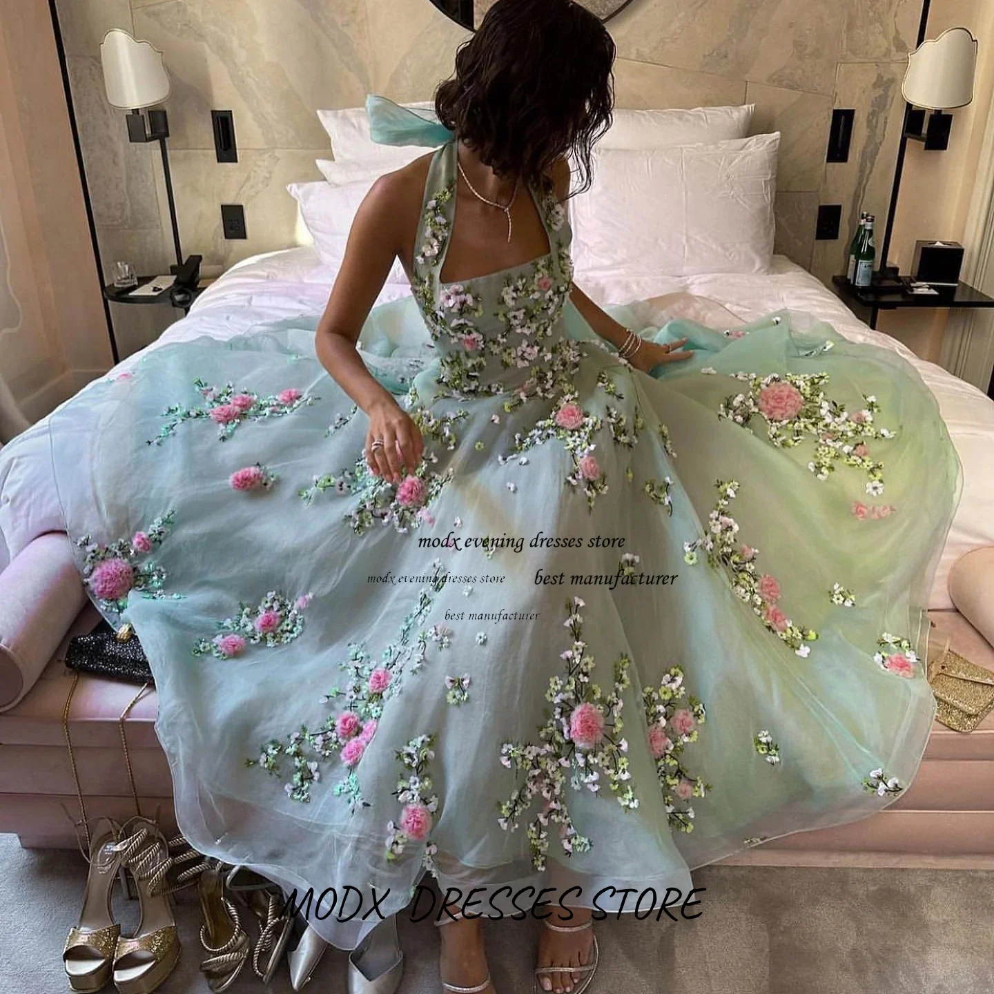 MODX Mintgrünes Kleid mit Blumenstickerei, trägerlos, individuelles Tüllkleid, Prinzessinnen-Stil, elegantes Abschlussball-Abend-Outfit für Hochzeitsgäste