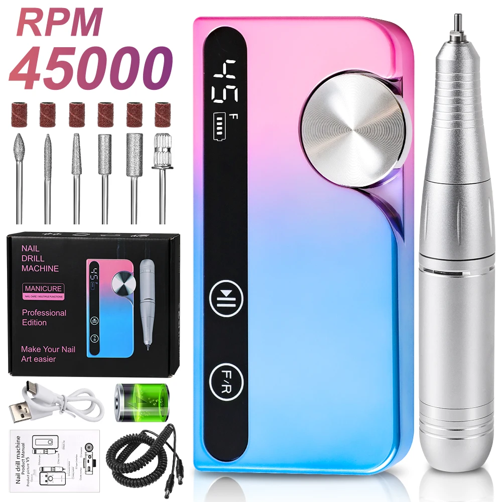 

45000 RPM Electric Nail File Machine Cordless Professional E File With 12 Bits Sanding Bands For Nail Art