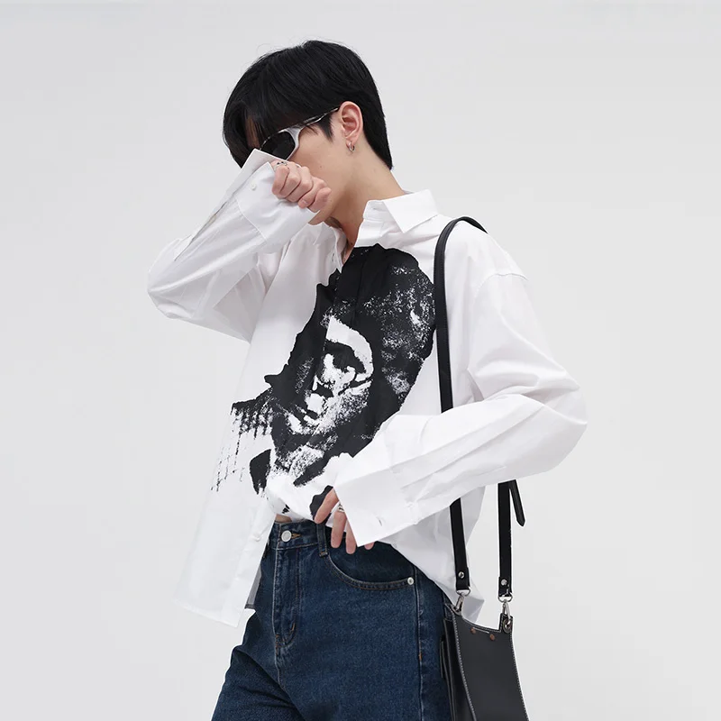 Spring Men's White Shirts 2022 New Oversized Blouse Korean Trendy Loose Design Fashion Printed Long Sleeve Tops Lapel Cloth