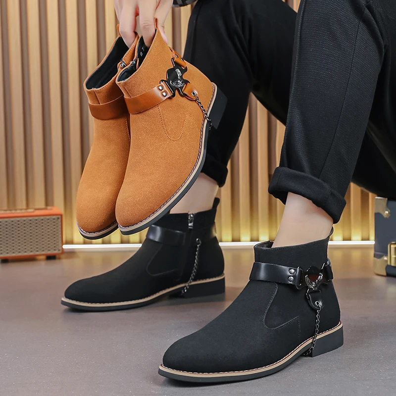 Autumn and Winter New Men Chelsea Boots Black Brown Matte High Top Shoes Casual Fashion Short Boots Size 38-48 Men Boots