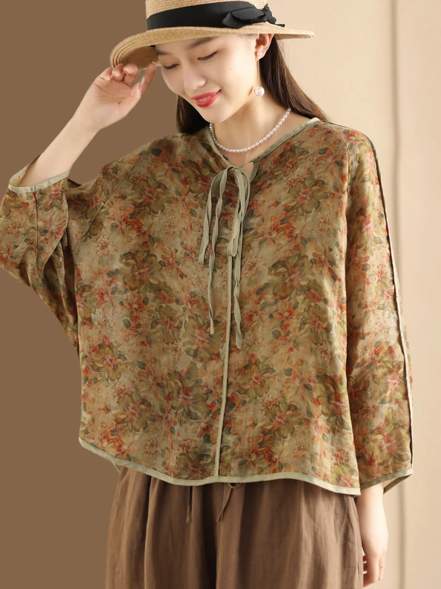 

Retro Printed Belted Linen irt Women's Ele round Ne Long Sve Pullover irt Commute Sle Loose Fit Regular Length