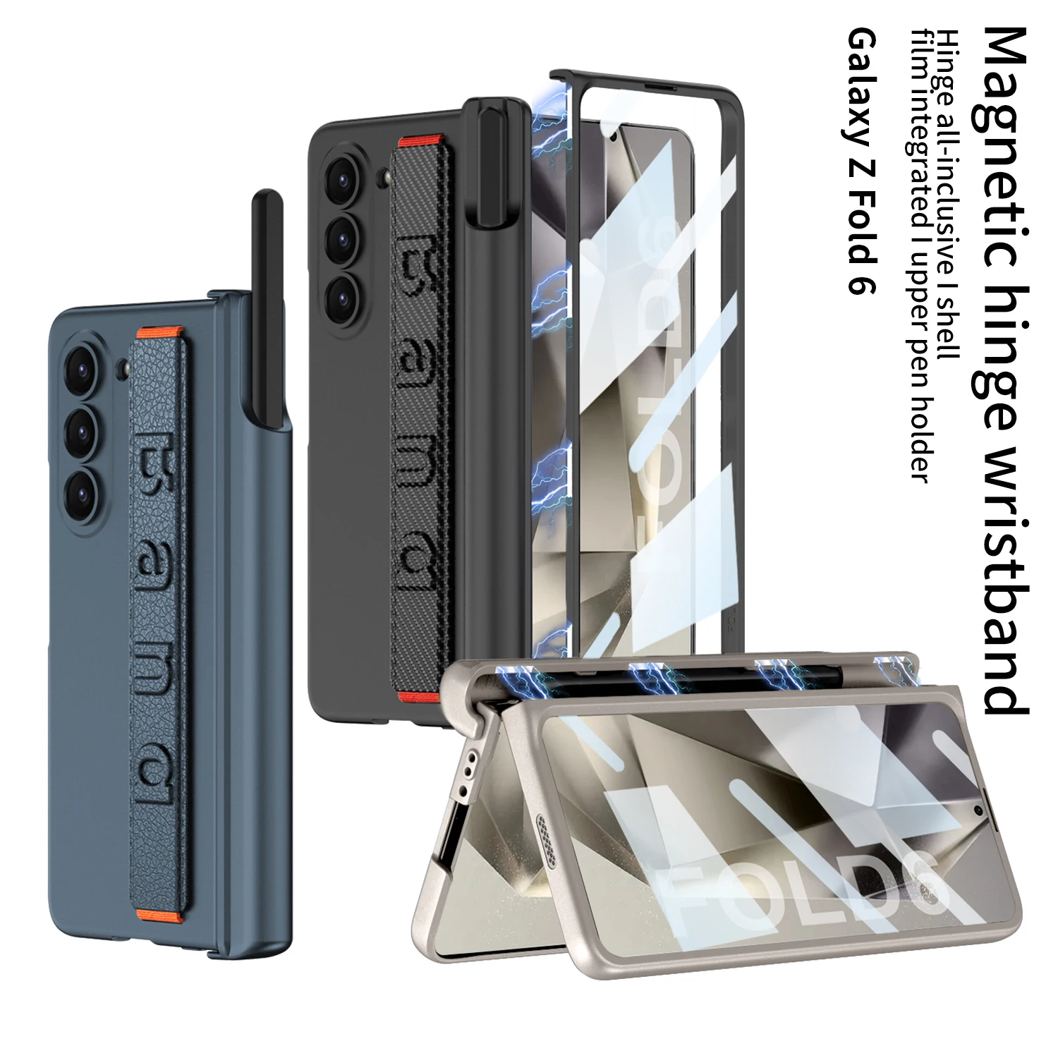 

Чехол с магнитной петлей для Samsung Galaxy Z Fold 6, 5, 4, 3, 5G, чехол с браслетом, стеклянная пленка, жесткий противоударный матовый чехол для ПК