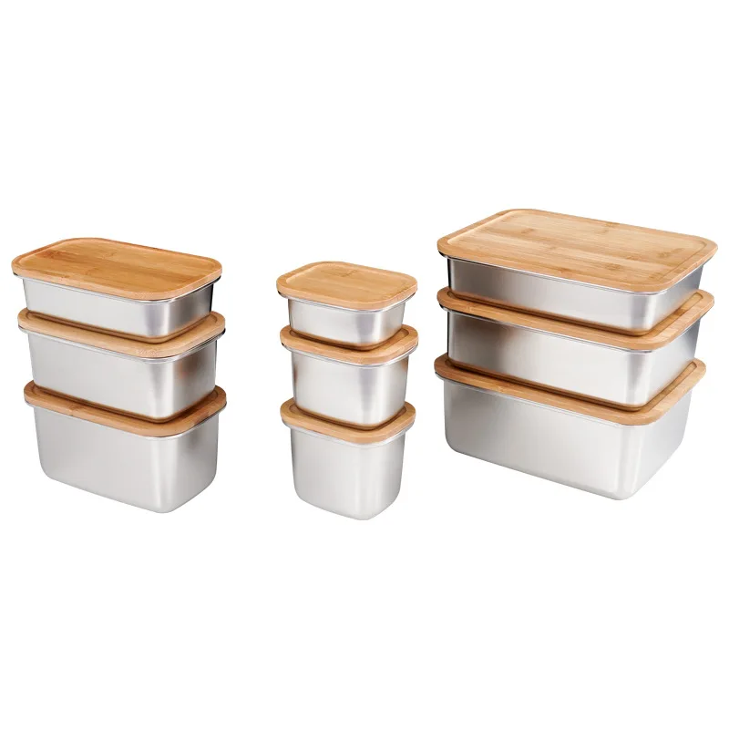 Hot 304 Stainless Steel Bamboo Covered Lunch Box Sealed Outdoor Bento Box Japanese Style Fresh-Keeping Box Refrigerated Storage