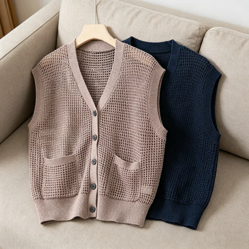 Women's 2026 Spring Summer New V-neck Hollow Knitted Vest Top