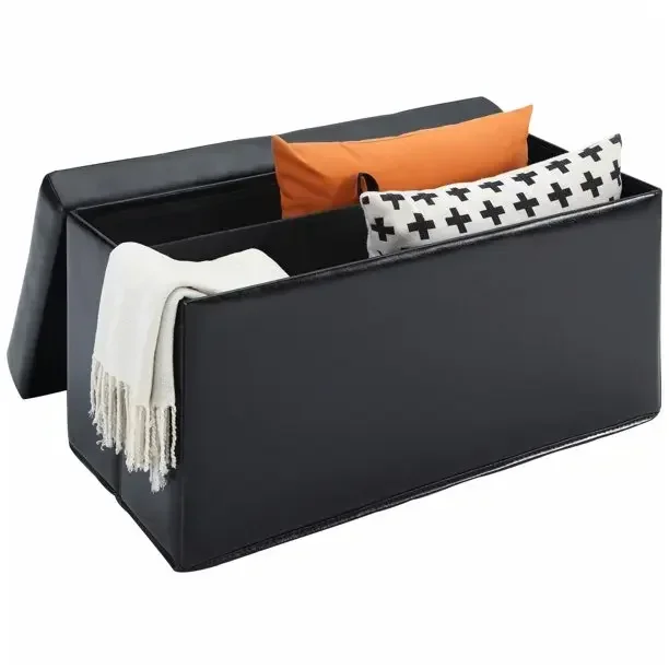Mid Century Black Leather Footstool Ottoman Storage