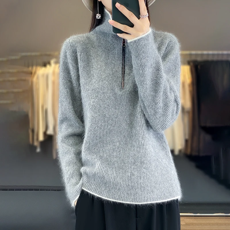 

CAIXINGLE Zipper Lapel Women's Sweater 100% Pure Wool Autumn Winter Warm Pullover Comfortable Loose Knitted Top Women's Clothing