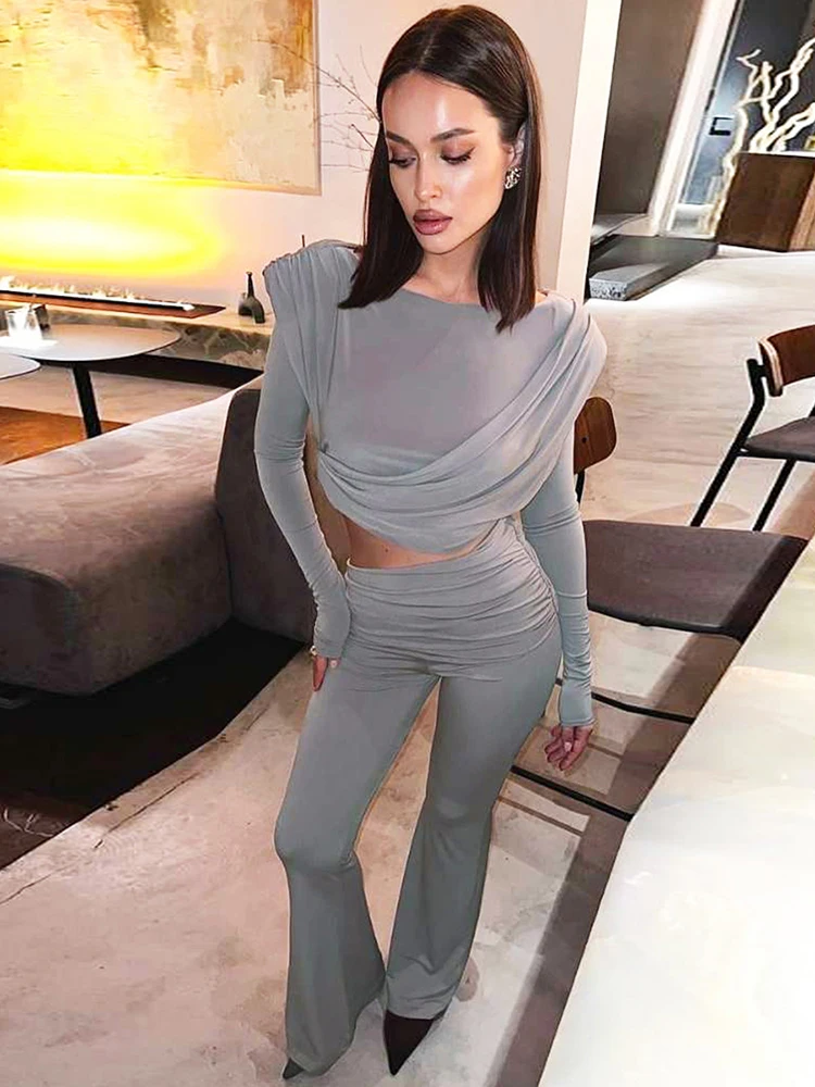 Estranho gato elegante ruched 2 peça conjunto feminino o-pescoço manga cheia colheita topos + calças alargamento estiramento magro casuals clássico streetwear