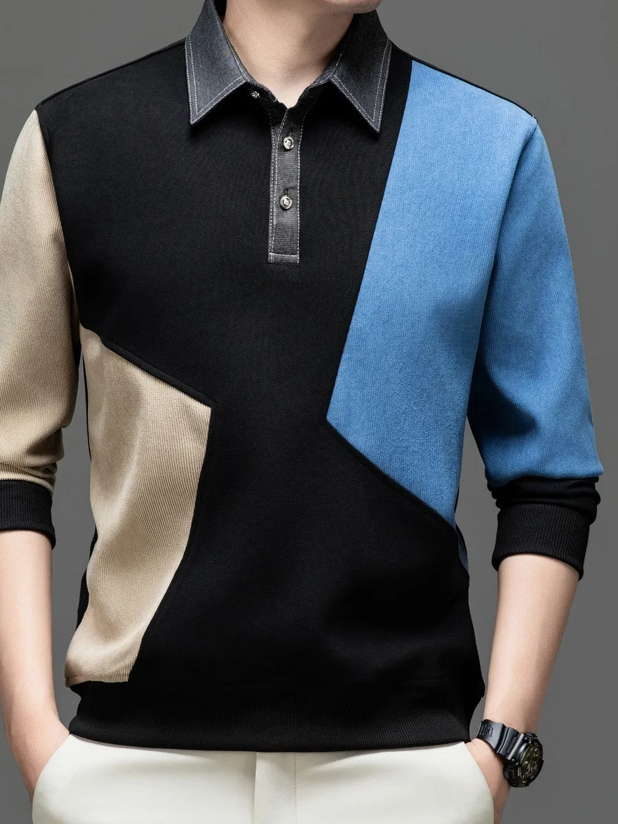 Fashionable Long Sleeve Hoodie for Men Autumn New Style Splice Color Contrast Base Shirt Collar Versatile Stylish Men's T-shirt
