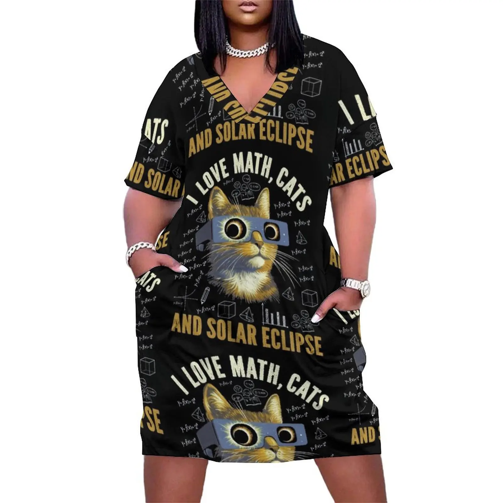 I Love Math, Cats, Solar Eclipse Mathematics Pi Day Science Loose Pocket Dress luxury dress