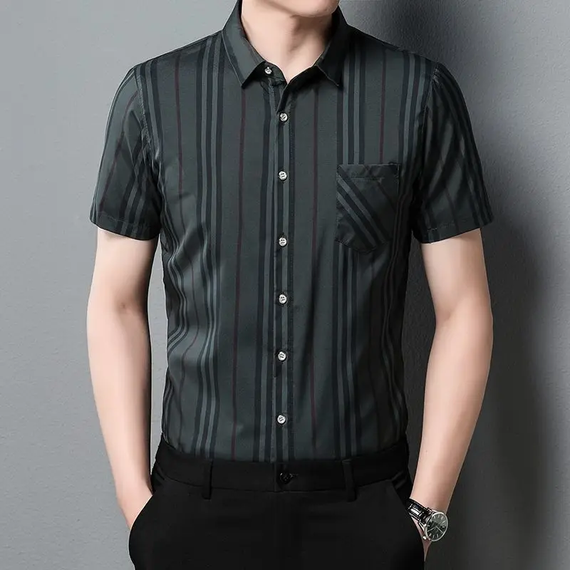 

Short Sleeve New in Shirt Men's Clothes Summer Thin Ice Silk Turn-down Collar Tees Pockets Button Fashion Casual Vintage Tops