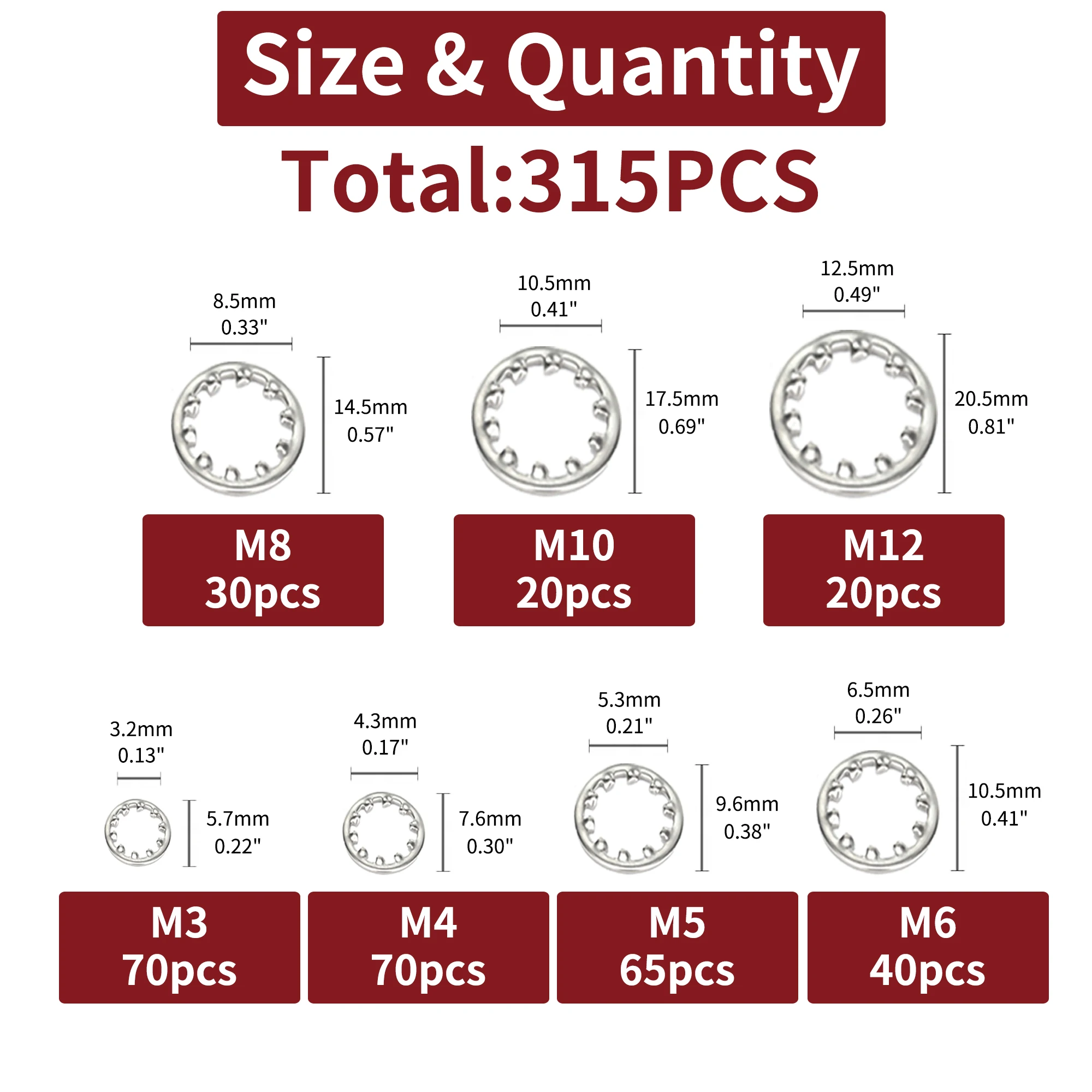 315-pcs [7-size] 304 Rozsdaálló Acél Alorvos Cakk Csillag zár washers Készles beállítása - méret included: M3 M4 M5 M6 M8 M10 M12