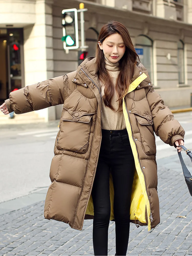 Chaqueta de plumón de pato blanco grueso para mujer, abrigos largos de gran tamaño, chaqueta delgada con capucha y bolsillos grandes, Parka elegante