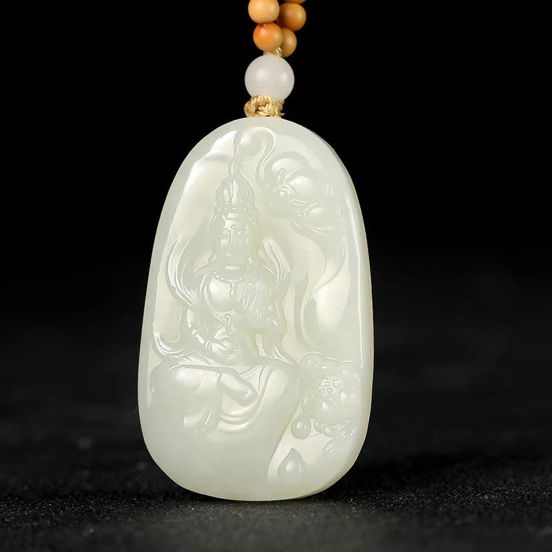 

Fine Jewelry Natural Hetian Nephrite Jade White Jade Sitting Lotus Guanyin Pendant