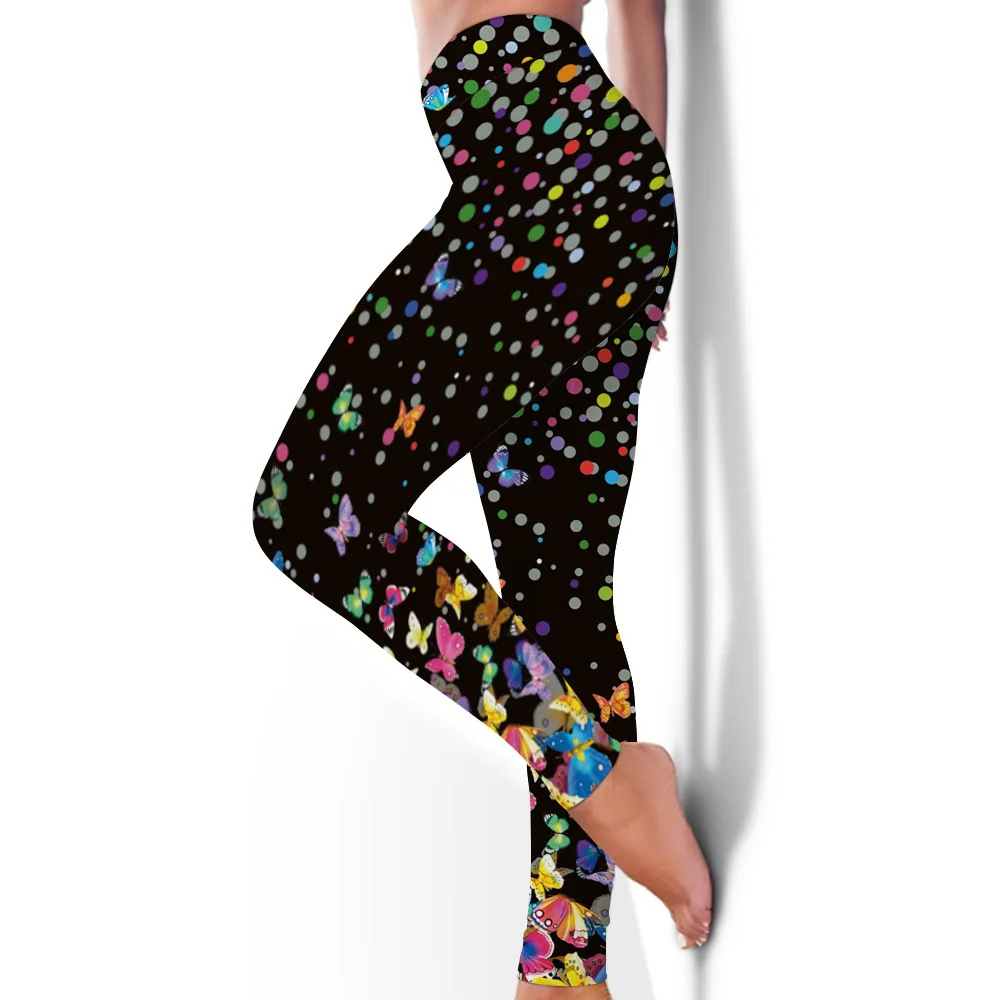 Pantaloni slim elasticizzati slim-fit con stampa a farfalla multicolore leggings casual attillati in vita elastica per le donne