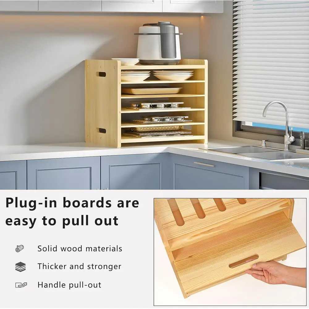 Divisores de bandeja de madeira para armários de cozinha, organizador de cozimento, soluções de armazenamento de panelas e frigideiras