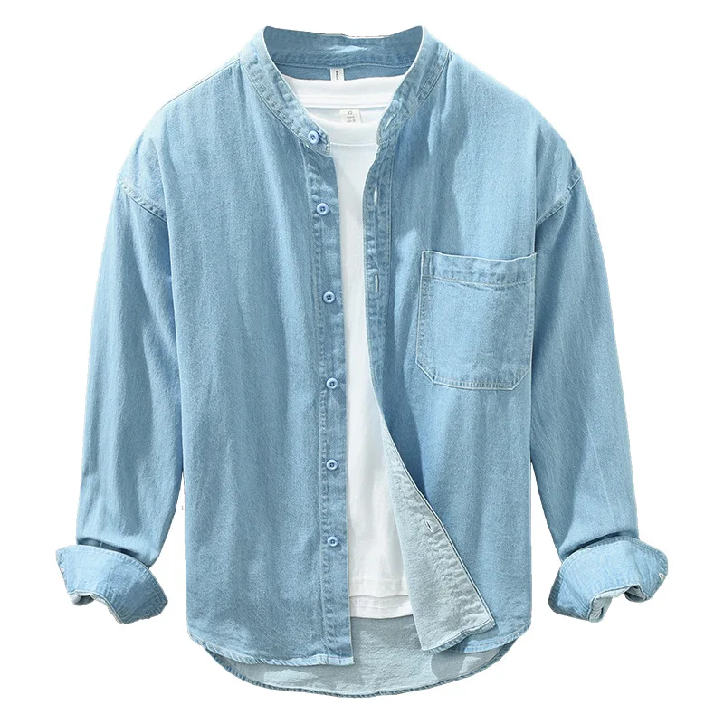 Classic Light Blue Denim Shirt Men Daily Casual Long Sleeve Jean Shirts Pure Cotton Mens Shirts Simple Stand Collar Cowboy Tops
