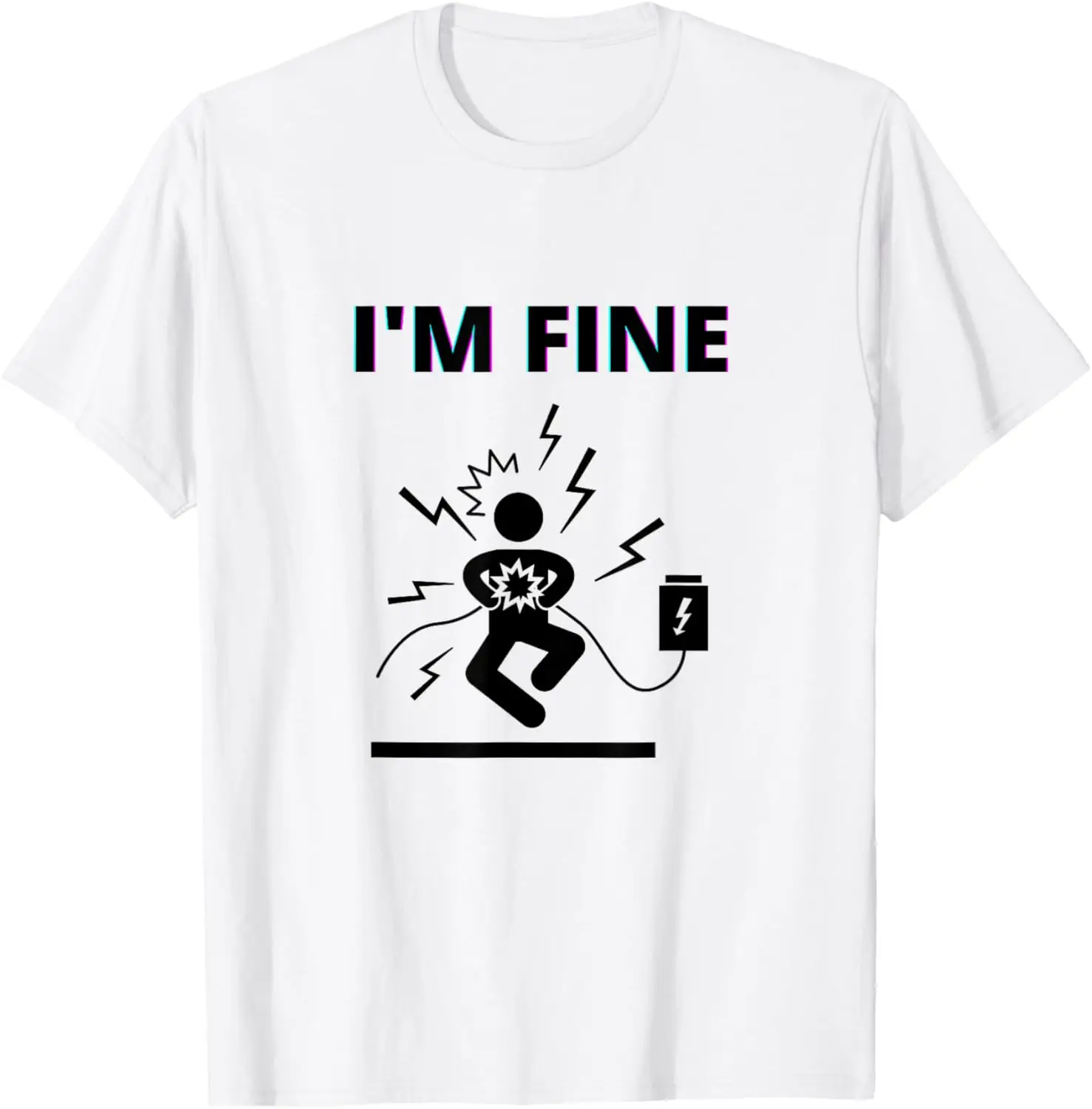 I'm Fine Electric Shock Battery Charging Graphic Men's Cotton T-Shirt Casual Crew Neck Tee