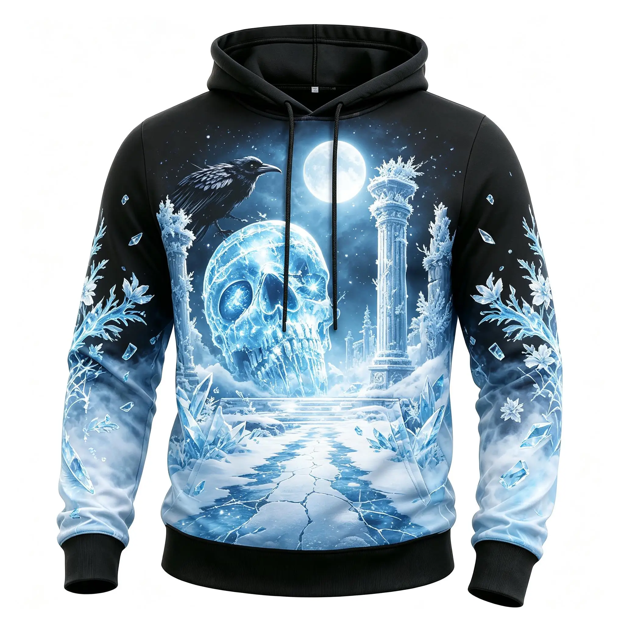 Men's Burning Flame Ruins Skull Raven Full Print Hoodie Halloween Gothic Long Sleeve Hooded Sweatshirt For Streetwear