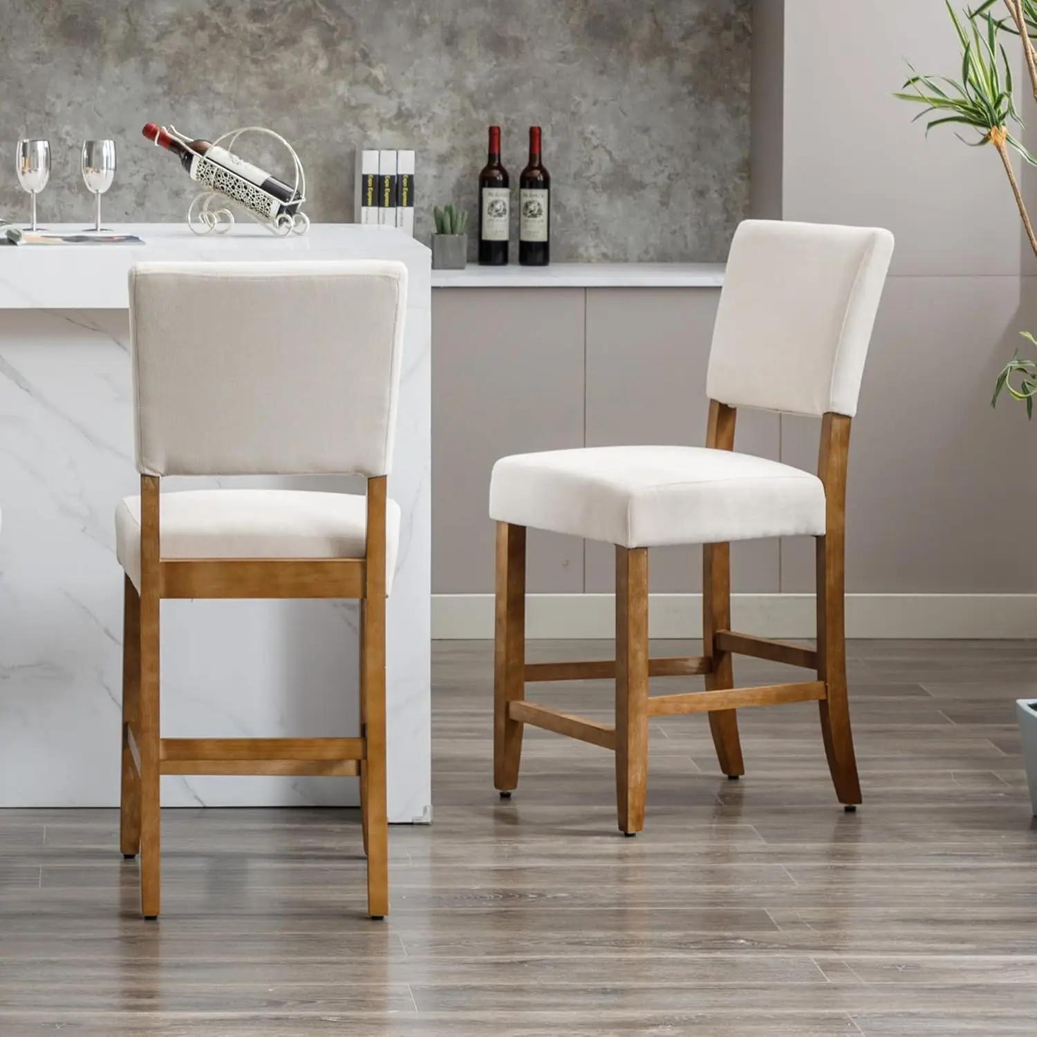 

24 Hes Counter Height Bar Stools Set Of 2, Upholstered Barstools With Wood Legs, Island Chairs For Kitchen Counter, Towel Cloth
