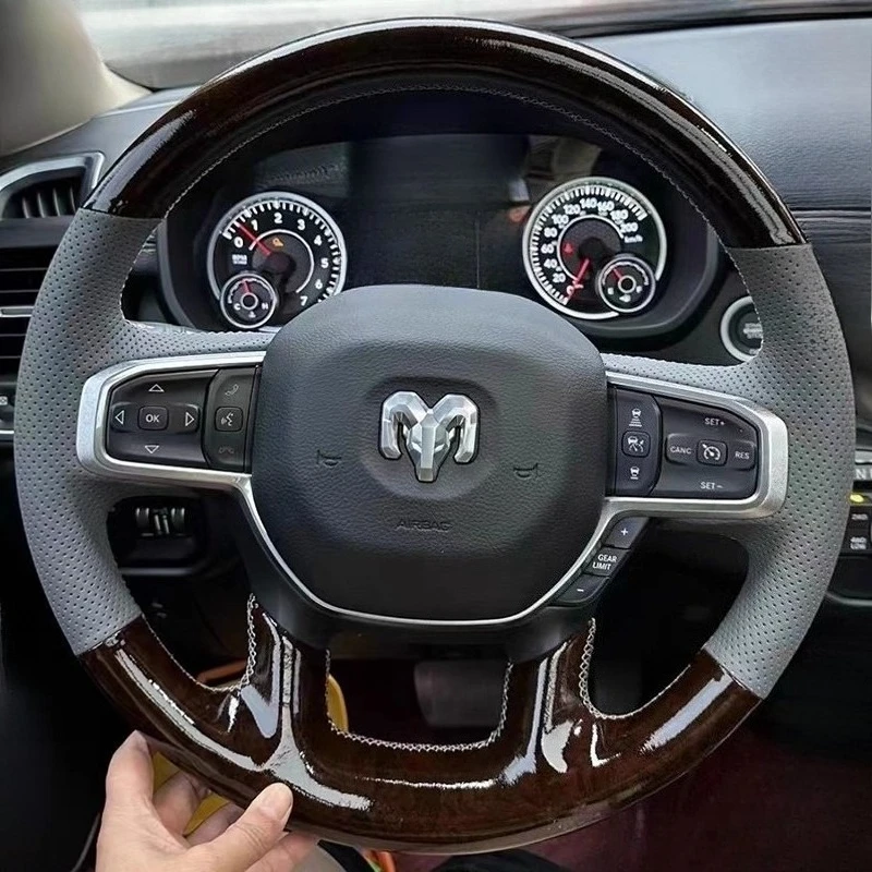 for Dodge RAM 1500 2019-2023 RAM 2018-2023 Hand Sewing peach wood grain genuine Leather Car Steering Wheel Cover