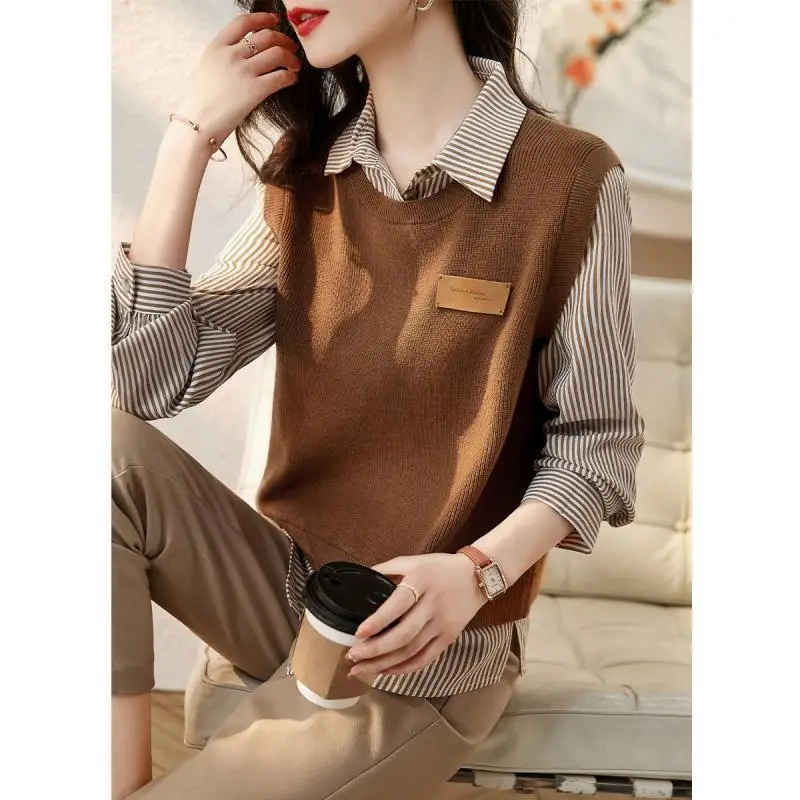 Fashion Button Spliced Striped Blouse Fake Two Pieces Women\'s Clothing 2023 Spring New Korean Pullovers Knitted Commute Shirt