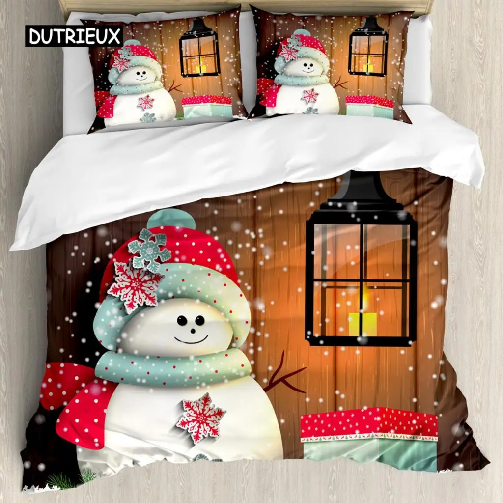 

Christmas Duvet Cover Set, Snowman with Santa Hat In The Garden with A Gift Box and Candle Cartoon Image Polyester Bedding Set