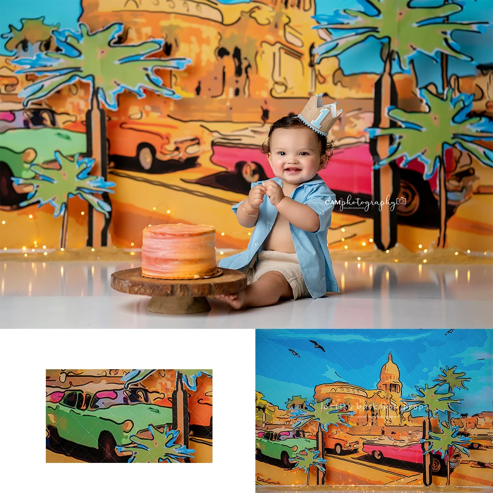 

Sunset City Road Backdrops Kids Baby Photography Child Adult Photocall Decors Summer Palm Trees Sports Car Backgrounds