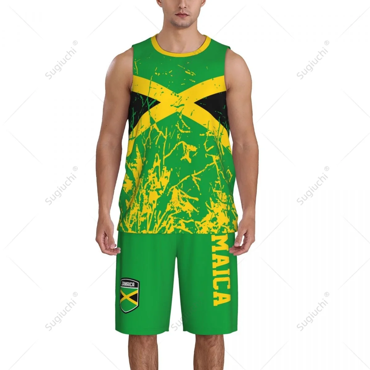 Team-up Jamaica Flag Grain Men Basketball Jersey Set Shirt & Pants Sleeveless Custom Name Nunber Exclusive