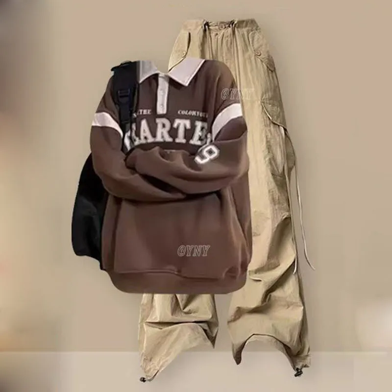 

American Retro Polo Collar Shoulder Sweatshirt for Women's Autumn New Style 2025 Long Sleeved Jacket Paired with Workwear Pants