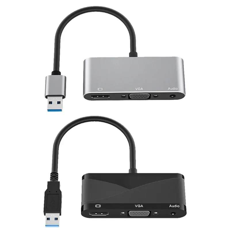 USB 3.0 HUB to VGA HDMI 3.5 Audio Adapter Dock  3 in 1 1080P HD Multi-Display Converter Splitter for Windows 7/8/10/11、 MAC OS