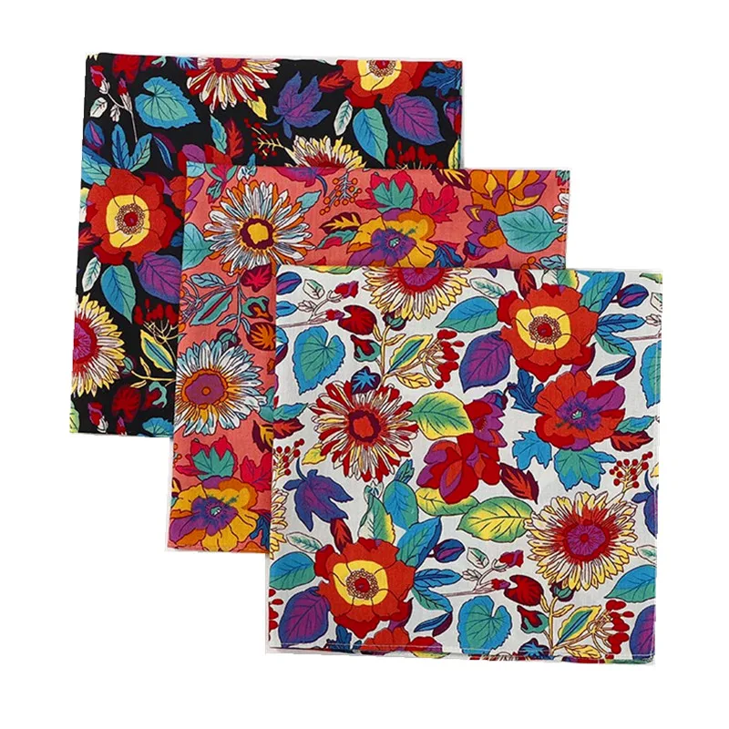 3Pcs 46x46cm 100% Cotton Vintage Flower Printed Japanese Handkerchief Kerchief Bandana For Women Ladies Party Favors