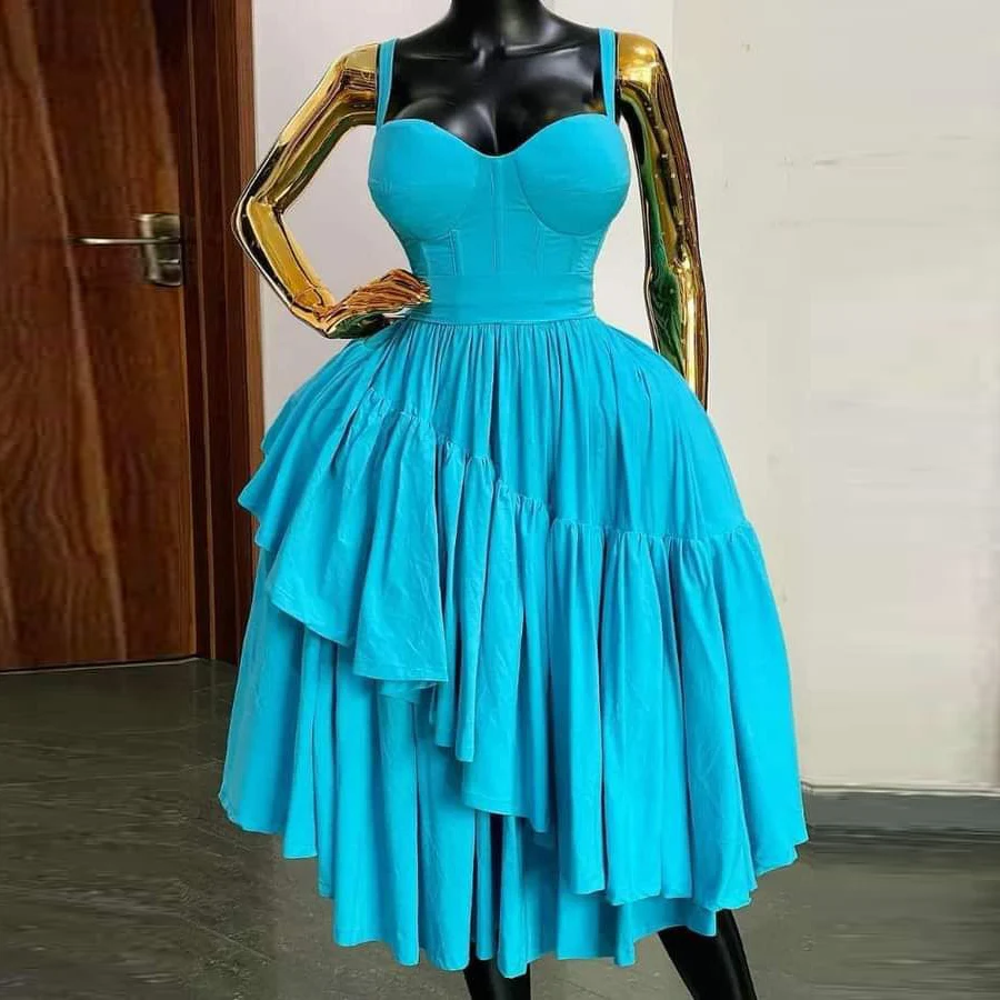 

Elegant Blue Sweetheart Prom Dress Spaghetti Style Tiered Satin A Line Evening Gowns Tea Length Formal Party Dress