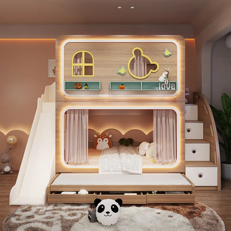 

Log color children's tree house small apartment children's bed, male and female bunk beds, siblings, high and low children