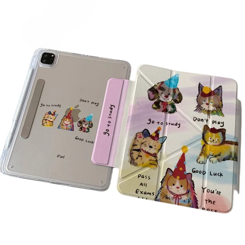Cute Cats Pen Slot Magnetic Buckle Tablet Case For iPad 11 10 6 5 Mini 7 6 Pro 2024 2022 2021 2020 2018 Air2025 2024 5 4 3 Cover