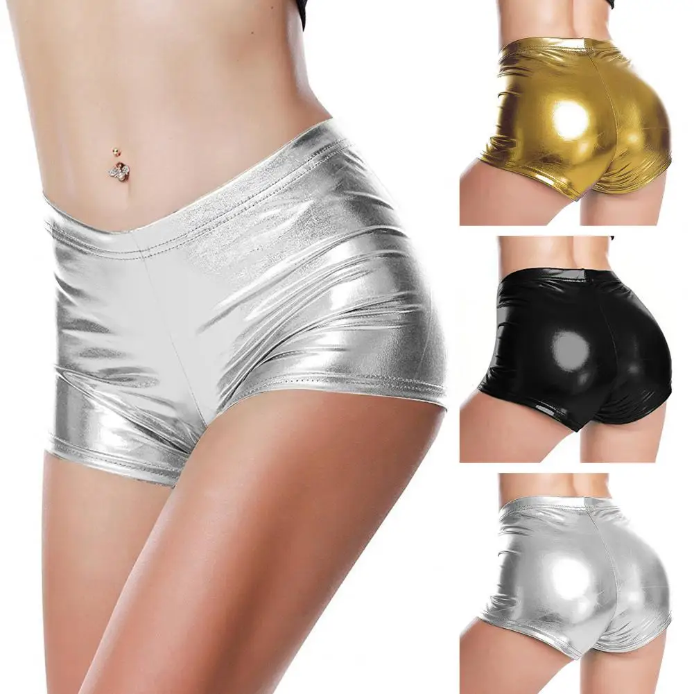 

Women Faux Leather Shorts Glossy High Waist Butt-lifted Ultra Short Elastic Slim Fit Club Dance Performance Hot Mini Pants