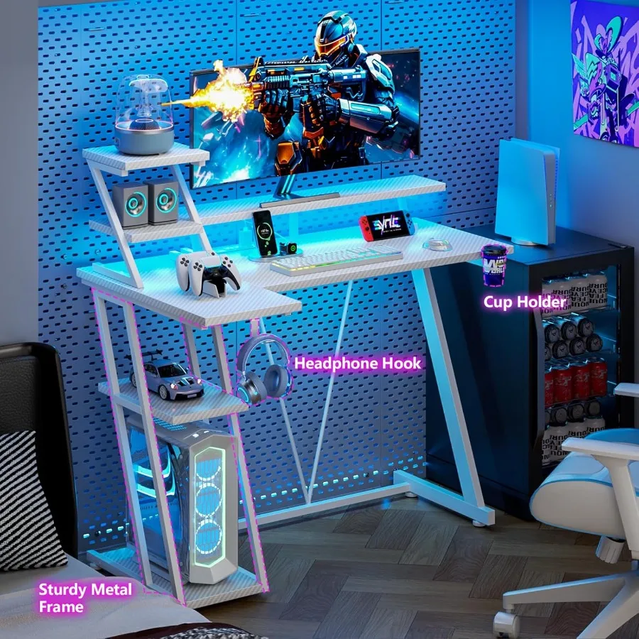 مكتب ألعاب أبيض مقاس 39 بوصة مع أضواء LED ومخرج طاقة مدمج ومكتب كمبيوتر على شكل حرف L مع أرفف تخزين وشاشة #6